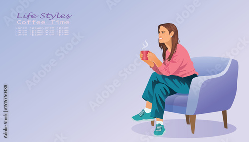  Lifestyle of young woman drinking hot coffee in cozy armchair on  gardient pink background, banner design with free space. Peaceful lady having relaxing day, coffee time chilling on lazy morning.