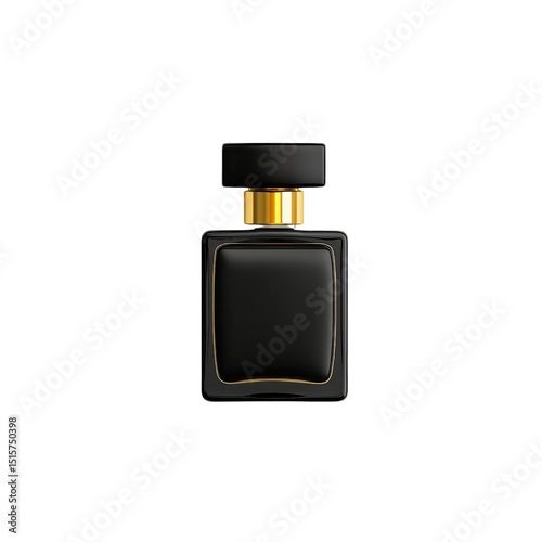 Elegant black perfume bottle with gold accents.