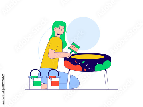 Woman painting on tire. Craft illustration. Character design. Flat vector illustration.