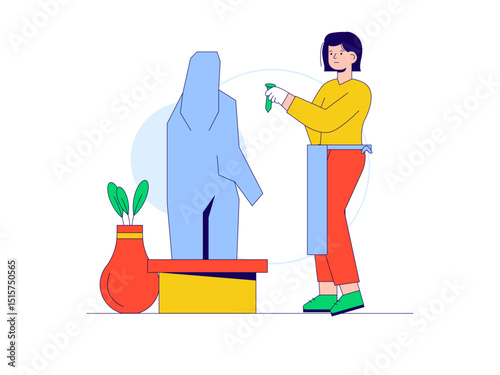 Woman in the process of sculpting a figure. Craft illustration. Character design. Flat vector illustration.