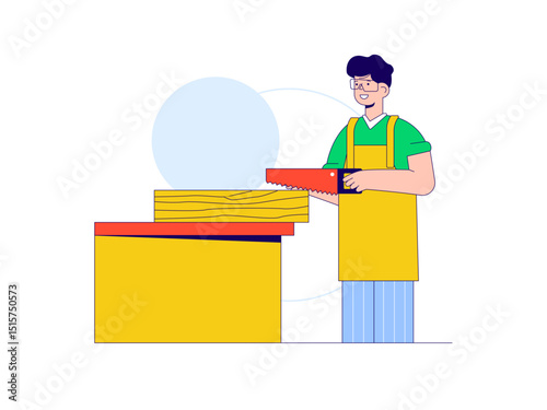 Carpenter making household furniture in workshop. Craft illustration. Character design. Flat vector illustration.