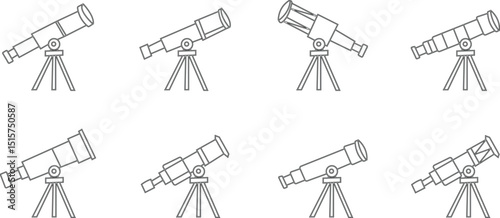 telescope astronomy icon set , Natural science line icons, A sleek design featuring a telescope on a tripod, ideal for astronomy and educational materials. silhouette vector art flat design template