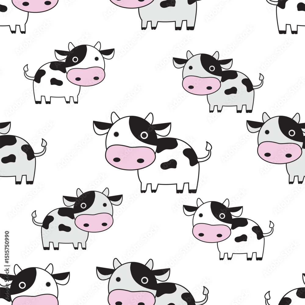 Vector smiling standing cow pattern on white background. Seamless, sketch doodle or marker style with outline. For textile prints, wrapping paper, milk packages etc. Vector smiling standing cow pattern on white background. Seamless, sketch doodle or marker style with outline. For textile prints, wrapping paper, milk packages etc.