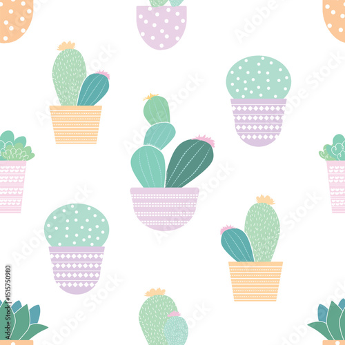 Vector hand drawn isolated cactus and succulents set pattern seamless. Cute green cactus in flower pots.