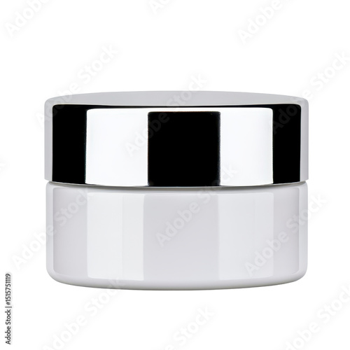 Elegant white cosmetic cream jar with shiny lid.