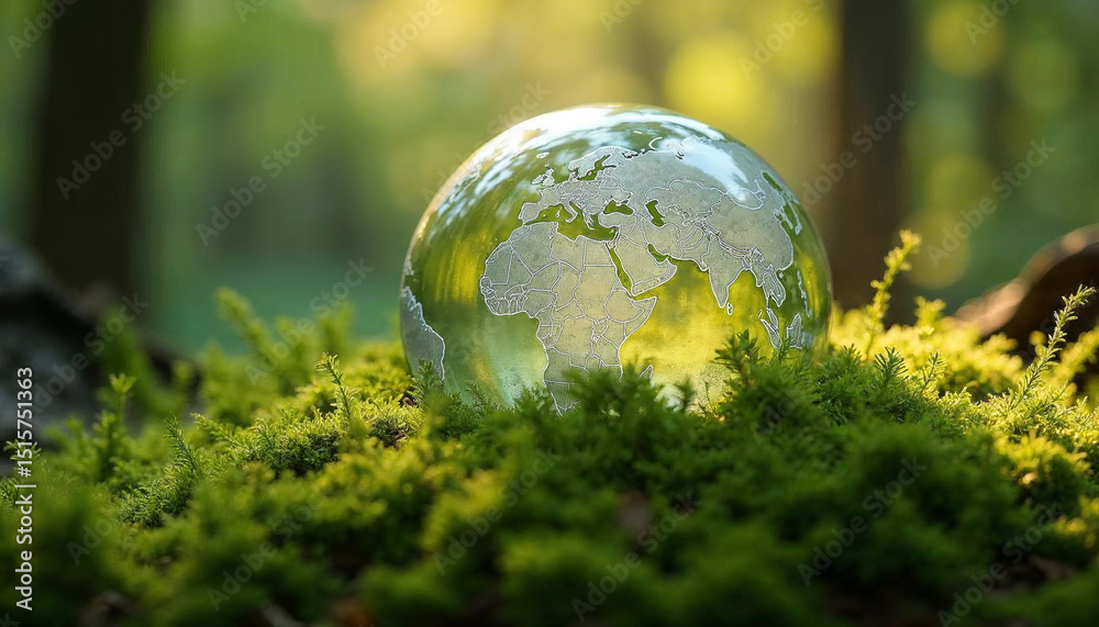 Crystal globe glass on green moss in forest to protect nature Save and care World for sustainable. concept of the environment ecology and Earth Day. eco environment and ESG concept. Crystal globe glass on green moss in forest to protect nature Save and care World for sustainable. concept of the environment ecology and Earth Day. eco environment and ESG concept.