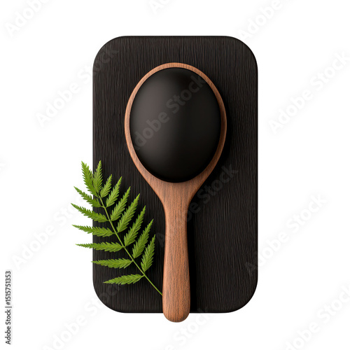 Elegant wooden spoon with black food and leaf.