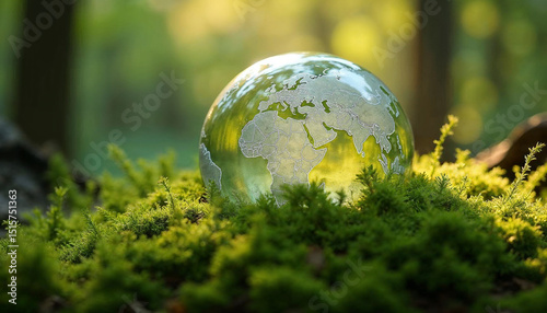 Crystal globe glass on green moss in forest to protect nature Save and care World for sustainable. concept of the environment ecology and Earth Day. eco environment and ESG concept.