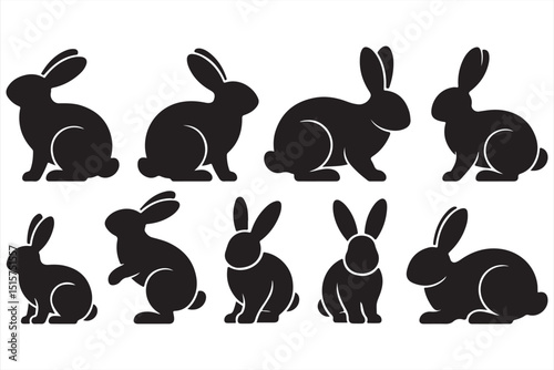 Set of Rabbit Silhouettes in Different Actions like Hopping, Sitting, and Running for Creative Use