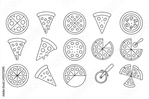 Set of Pizza and Pizza Slice Icons with Different Toppings and Pizza Cutter