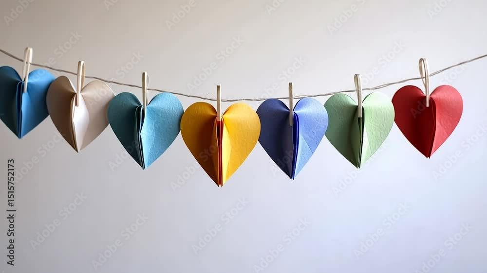 Colorful paper hearts strung on twine