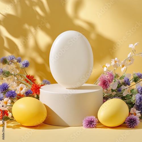 A white egg sits atop a pale cylindrical pedestal, flanked by pastel yellow eggs and vibrant wildflowers, all bathed in soft yellow light and leaf shadows