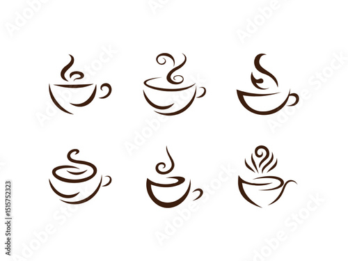 Set of stylized coffee cup icons in brown color, each with unique steam swirl designs, minimalist and elegant line art style, perfect for café logo, coffee shop branding, or menu design