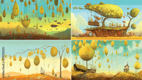 An otherworldly panorama features floating pear-shaped pods tethered by thin cords above a surreal terrain of rolling hills. Tiny creatures traverse the ground as pear vessels drift in a pastel-hued 