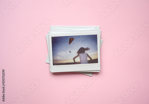 Polaroids stack on Pink Backdrop. PSD mockup template