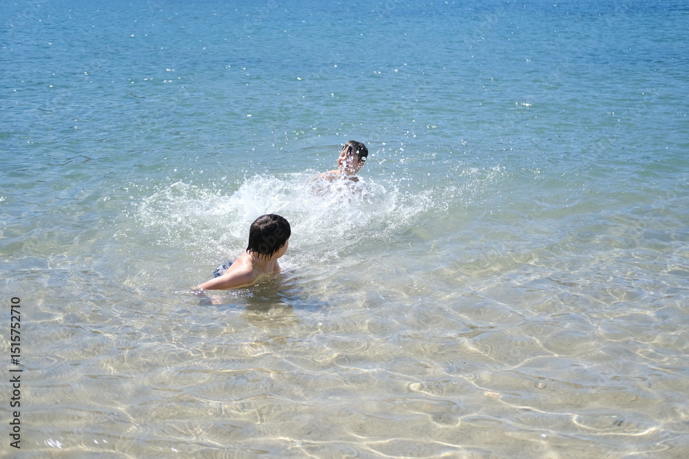 Two young children, boys splash and play in sea, ocean waves on sunny summer day, family Water activities, aquatic adventures foster curiosity and love for environment in kids Two young children, boys splash and play in sea, ocean waves on sunny summer day, family Water activities, aquatic adventures foster curiosity and love for environment in kids