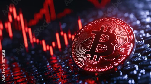 Red Bitcoin Coin on a Dark Background with Falling Market