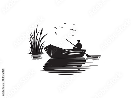 Vector of Boat on Lake with Mountains – Scenic Landscape and Relaxation Theme.