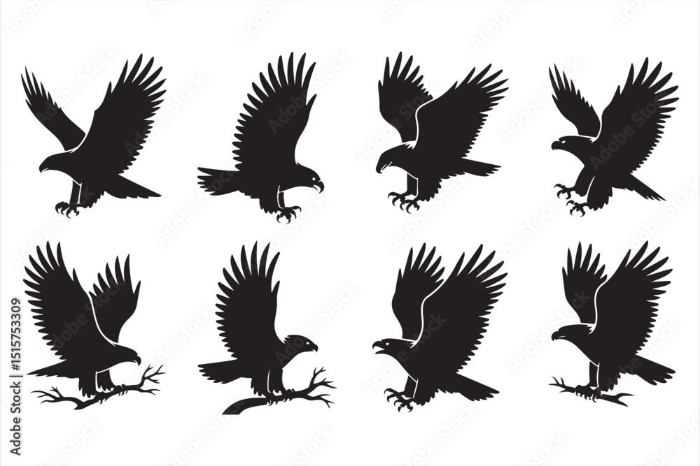 Obraz premium Set of 8 Bold Eagle Vector Illustrations Featuring Majestic Flight and Perch Poses for Creative Projects