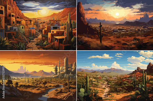 A stylized desert settlement emerges beneath a glowing sunset. dwellings sprawl across rocky terrain dotted with cacti, while distant plateaus rise against a sky painted in warm amber and purple hues.