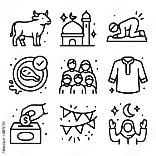Eid Adha nine line drawings depict festive elements suitable for holiday designs, greeting cards, social media posts, and educational materials.