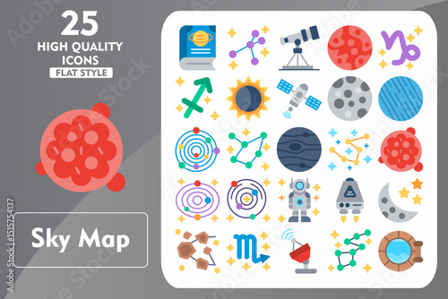 Sky Map Flat Icon Set. Incleded Icons Book, Arrow, Telescope, Mars, Capricorn, Sagittarius, Eclipse, Space Station, Full Moon. Vector Icons Collection