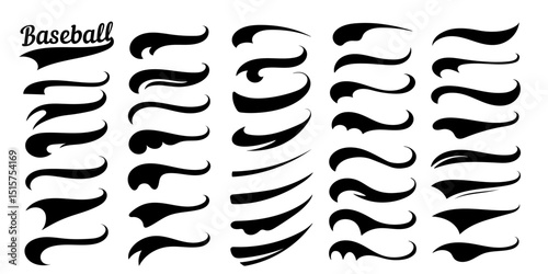 Swooshes text tails for baseball design. Sports swash underline shapes set in retro style. Swish typography font elements for athletics, baseball, football decoration. Black swirl vector line.