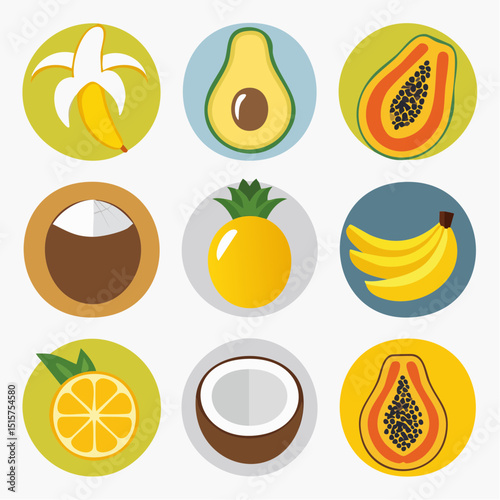 A clean flat icon set of tropical fruits for digital use or print