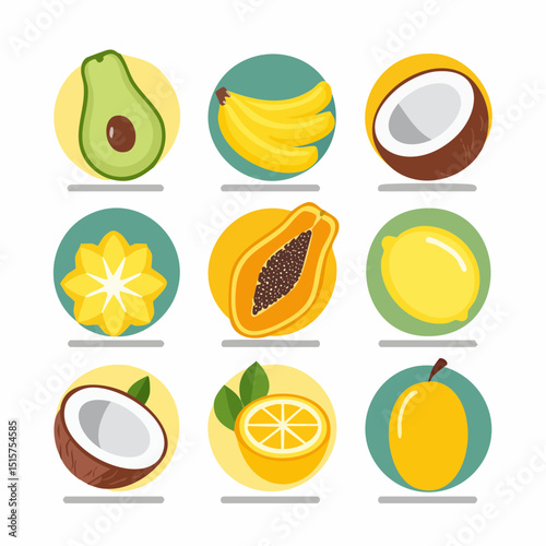 A clean flat icon set of tropical fruits for digital use or print