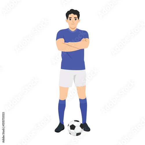 Man in a blue soccer uniform standing with crossed arms and a soccer ball at his feet. Flat Vector character illustration