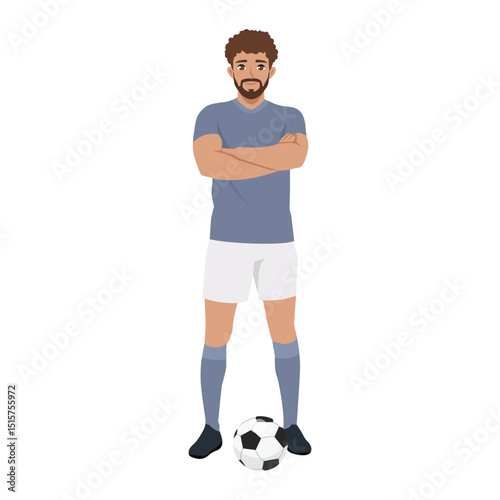 Confident Soccer Player Standing with Ball. Flat Vector character illustration