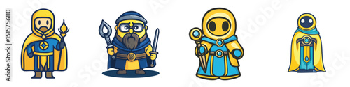 Four minimalist outline fantasy cleric figures in flat vector style, each with a hooded cloak, faceless helmets or goggles, wielding staves or swords, detailed with circular chest emblems.