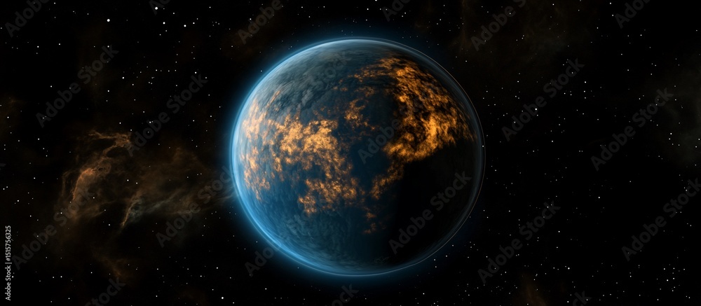 Obraz premium Glowing planet in dark space with nebula.