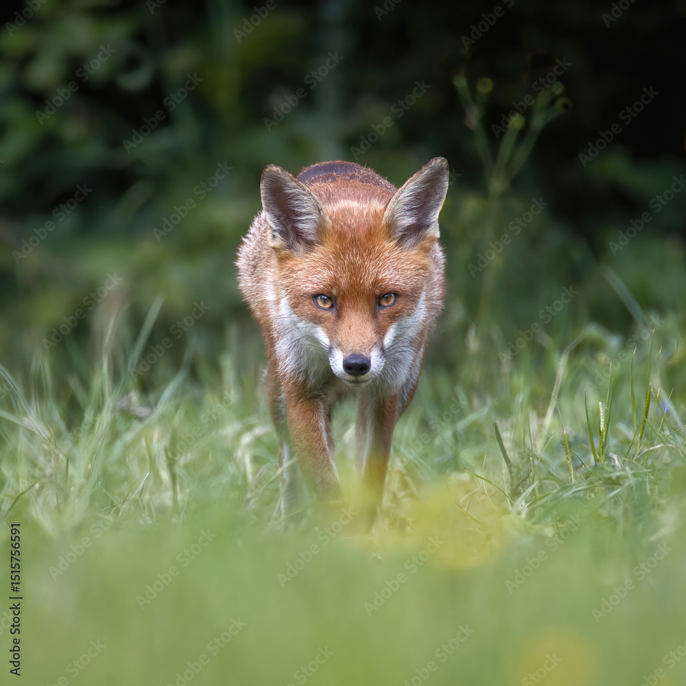 Taken from a low angle is a close up of a red fox. It is walking and staring directly at the camera. There is space for text copy around Taken from a low angle is a close up of a red fox. It is walking and staring directly at the camera. There is space for text copy around