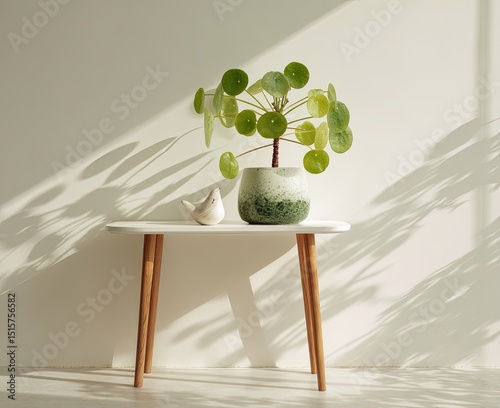 A small, white side table with tapered legs holds a potted plant and a bird figurine, all bathed in sunlight casting leaf-like shadows on the wall photo