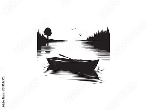 Vector of the Boat on Lake at Sunset – Travel, Peace, and Scenic Beauty Design.
