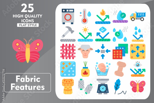 Fabric features Flat Icon Set. Incleded Icons Dryer, Hot Water, Fireproof, Fast Dry, Heavy Duty, Durable, UV Protection, Dust, Quick Dry. Vector Icons Collection