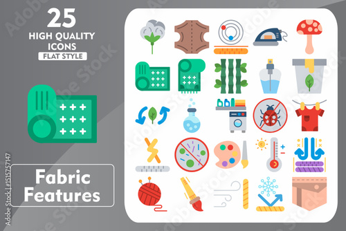 Fabric features Flat Icon Set. Incleded Icons Cotton, Chemical, Temperature, Unbreathable, Wool, Brush, Wind Proof, Snow Proof, Pocket. Vector Icons Collection