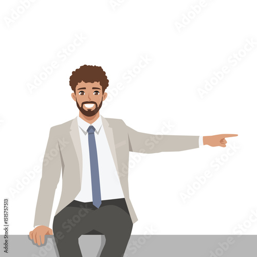 Man in professional attire sits and points to the right suggesting direction or guidance. Flat Vector character illustration