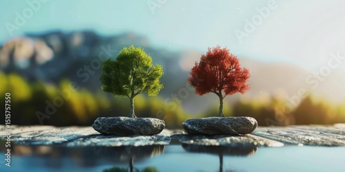 Two miniature trees on a rock with a mountain in the background