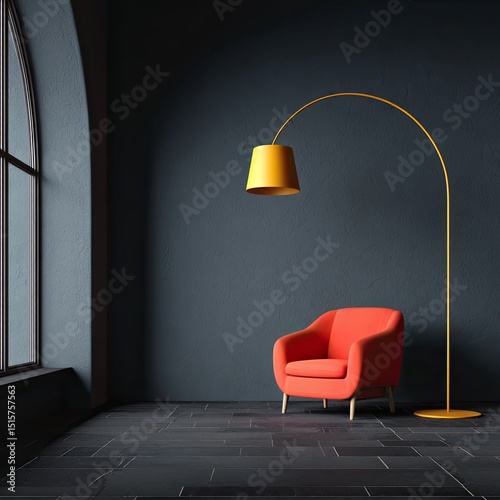 A red armchair sits beside a tall, curved gold floor lamp against a dark grey wall, near a large arched window