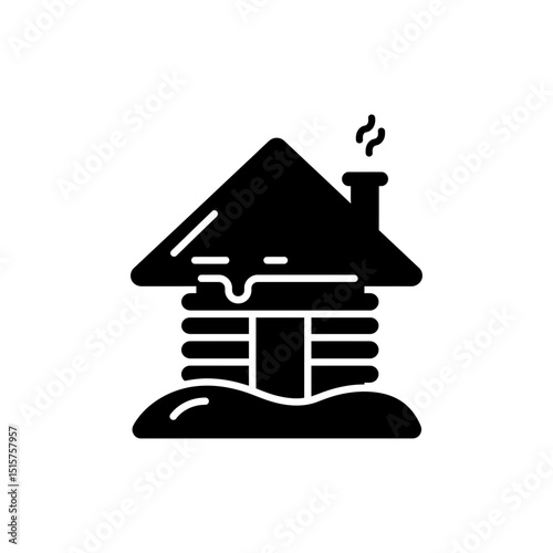 Snow-covered cabin with smoke rising from chimney