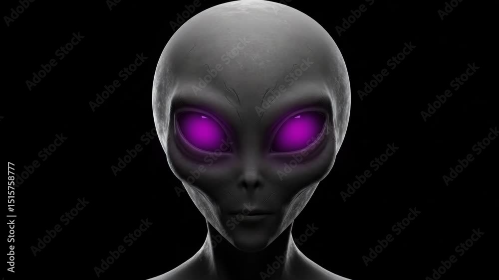 An extraterrestrial being with a greyish complexion stares intensely ahead, its large, illuminated purple eyes dominating the stark black background, copy space.