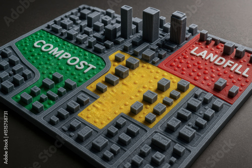 Waste Management theme, Conceptual model illustrating waste management zones: compost, landfill, recycling.
