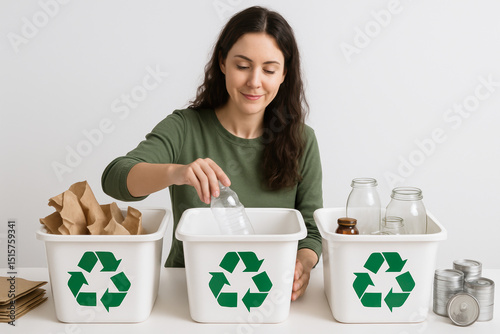 Waste Management theme, Woman recycling materials into appropriate bins at home.