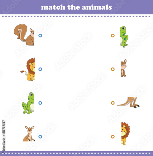 Match halves of cute cartoon wildlife animals. Logical game for kids