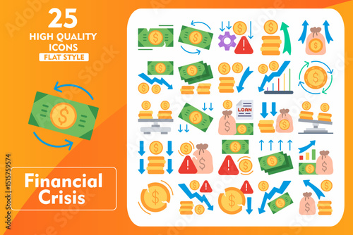 Financial Crisis Flat Icon Set. Incleded Icons Financial, Deflation, Spending Money, Budget, Crisis, Financial Crisis, Bankrupt, Devaluation. Vector Icons Collection