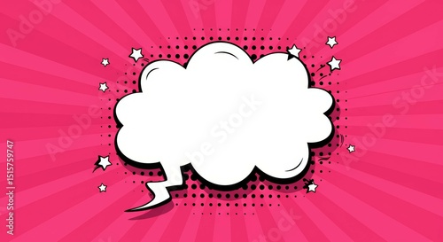 Cartoon Speech Bubble with Stars on Pink Burst Background