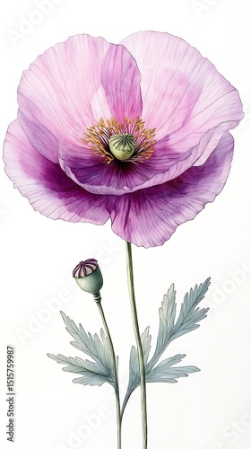 Beautiful pink poppy flower blooms with delicate leaves on a white background