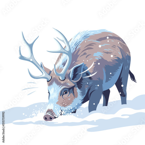 Illustration of a Fictional Animal with Antlers Foraging in Snow